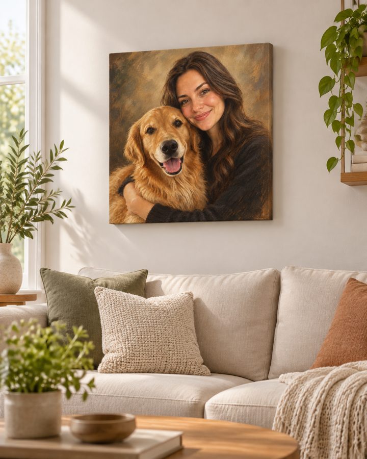 Lienzo 25x25 colgado en un salón