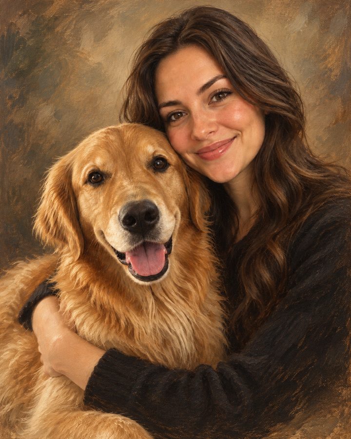 Retrato al óleo de una mujer abrazando a su golden retriever